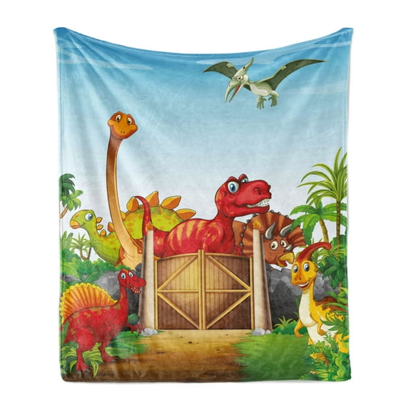 Dino Soft Flannel Fleece Throw Blanket, Cartoon Style Dinosaurs in a Dino Park Jungle Trees Wildlife Habitat Illustration, Cozy Plush for Indoor and Outdoor Use, 50" x 70", Multicolor, by Ambesonne