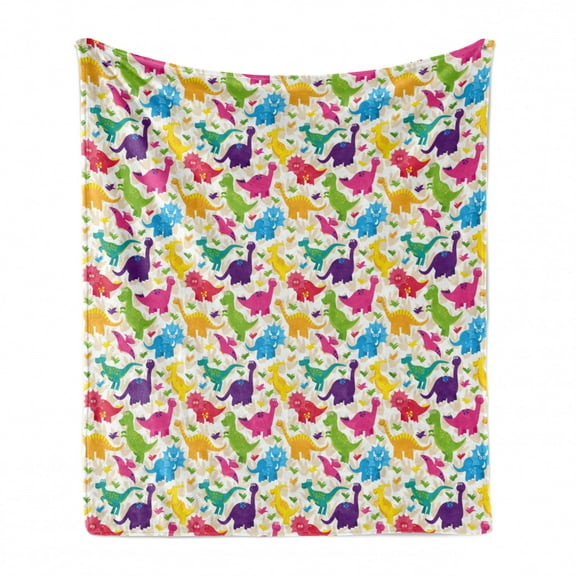 Dino Soft Flannel Fleece Throw Blanket, Dinosaurs Pattern Baby Childish Playroom Nursery Toddler Wild Caricature Design, Cozy Plush for Indoor and Outdoor Use, 50" x 70", Multicolor, by Ambesonne