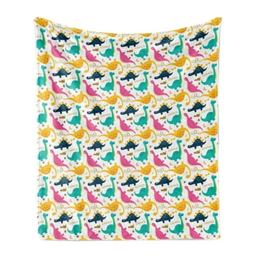 Dino Soft Flannel Fleece Throw Blanket, Rhythmic Colorful Dinosaurs on Plain Background, Cozy Plush for Indoor and Outdoor Use, 50" x 70", Multicolor, by Ambesonne