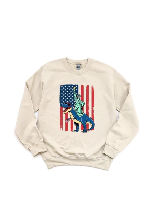 Dino Statue Liberty 4th July Pride T-Rex Dinosaur USA Patriotic Fun Sweatshirt, for men & women, up to size 5XL