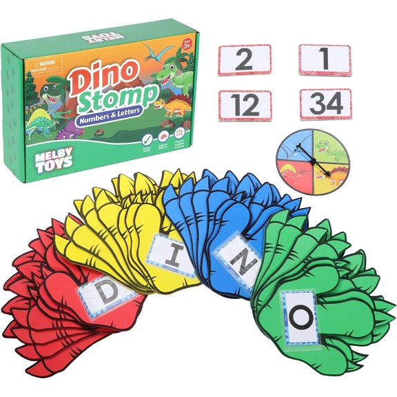 Dino Stomp Number & Alphabet Flash Cards I Preschool Learning Activities I Includes 26 Foam Floor Dinosaur Feet, ABC Flash Cards, Number Flash Cards & Phonics Flash Cards