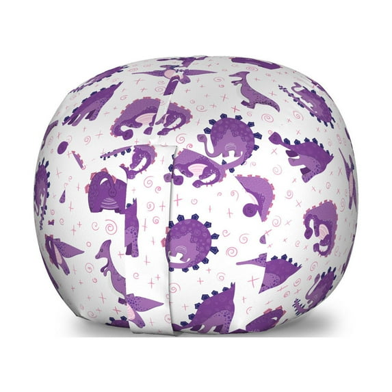Dino Storage Toy Bag Chair, Cartoon Jurassic Animals Flying Dinosaurs as Doodle Spirals Theme Pattern, Stuffed Animal Organizer Washable Bag, Large Size, Purple White, by Ambesonne