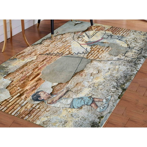 Dino Street Graffiti, Peneng Rug, Abstract Dinosaur Rug, Cute Dinosaur Rug, Modern Soft Rug, Non Slip Rug, Little Boy With Pet Dinosaur Rug, 2.6'x9.2' - 80x280 cm