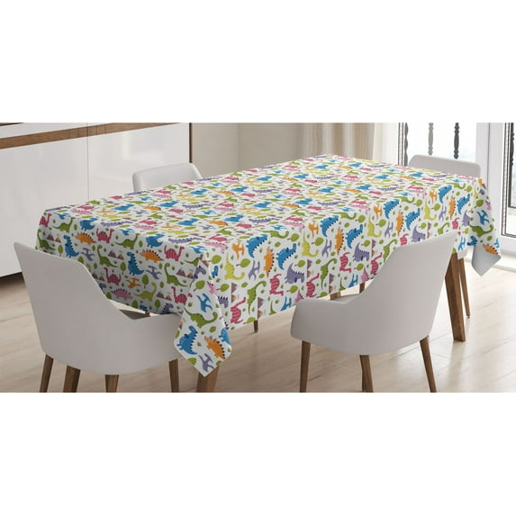 Dino Tablecloth, Cartoon Style Colorful Dinosaurs T-Rex Triceratops Prehistoric Reptile Wildlife, Rectangle Satin Table Cover Accent for Dining Room and Kitchen, 60" X 84", Multicolor, by Ambesonne