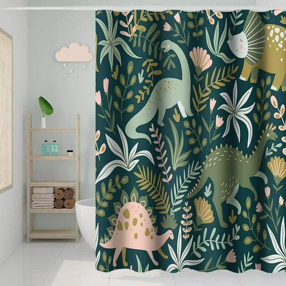 Dino Themed Bathroom Shower Curtain Tropical Rainforest Green Dinosaur Leaves with Hooks Waterproof Fabric Polyester for Kids Bathtub Decorative, 72x72 Inch