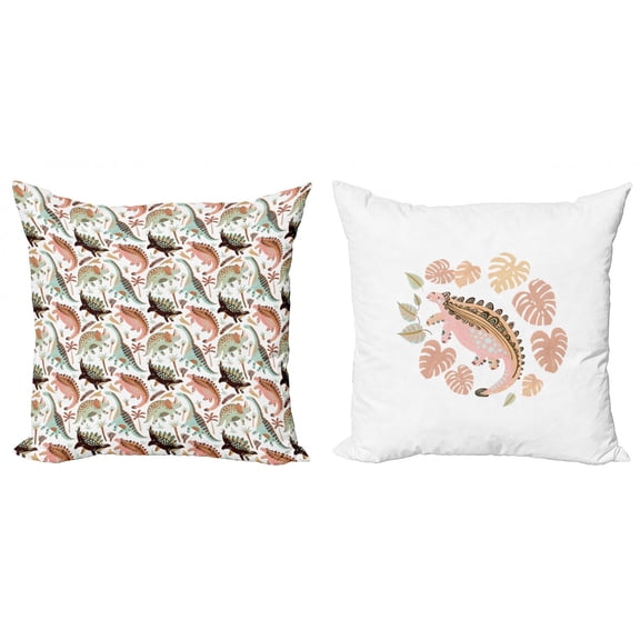Ambesonne Dino Throw Pillow Cover 2 Pack, Pastel Dinosaurs Exotic Leaves, 18", Almond Green Blush
