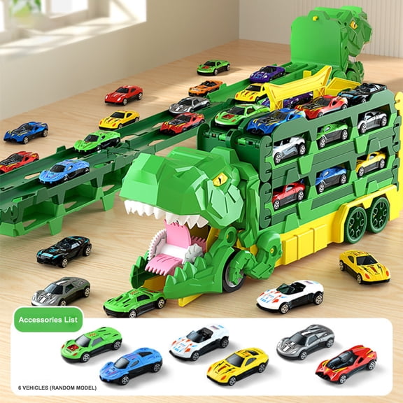 Dino Track Transform Toy with Shooting Slide & Folding Race Tracks, Dual-Lane Competitive Toy Cars, Alloy Car Gift for Kids Christmas Birthday,Green