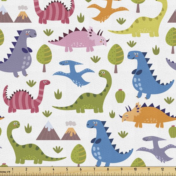Ambesonne Dino Fabric by the Yard Upholstery, Dinosaurs Colorful, 3 Yards, Multicolor