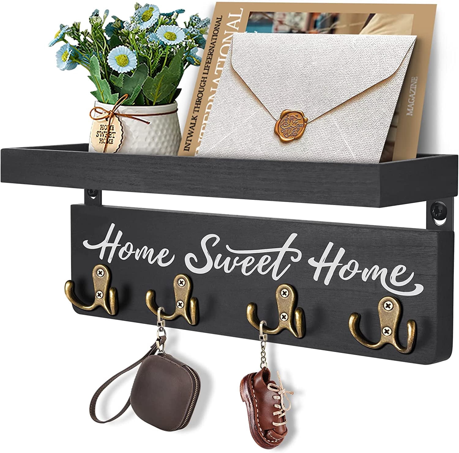 Key Holder for Wall, Dinosam Mail Organizer Wall Mount with Double 4 Key Hook and Mail Holder, Designer Key Rack Suitable for Entryway, Hallway, Bedroom, Living Room and Office，Black