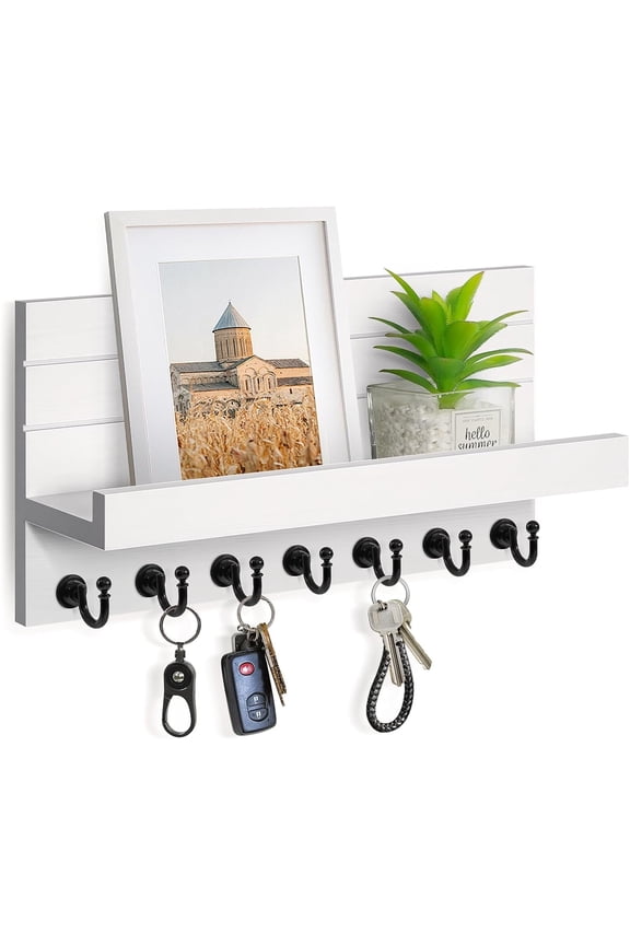 Key Holder for Wall, Dinosam Mail Organizer Wall Mount with 7 Sturdy Key Hooks and Mail Holder Shelf, Key Organizer Key Rack Entryway Wall Decor, White