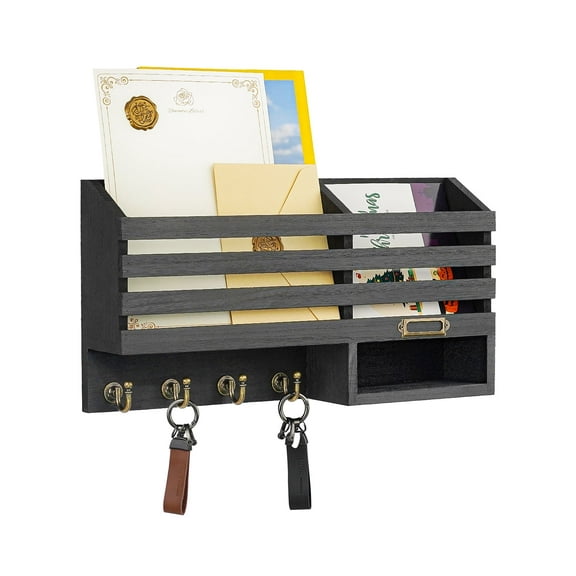 Key Holder for Wall,Dinosam Double Mail Organizer Wall Mount with Store Shelf and 4 Sturdy Hooks,Hanging Key Rack Hanger for Entryway, Hallway, Bedroom, Living Room and Office,Black