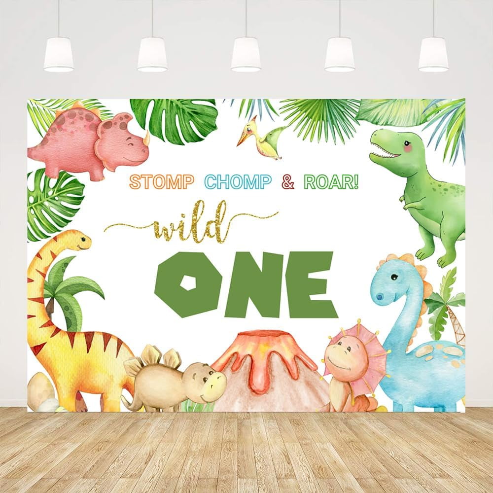 Dinosaur 1st Birthday Backdrop Wild One Cartoon Dinosaur Photo ...