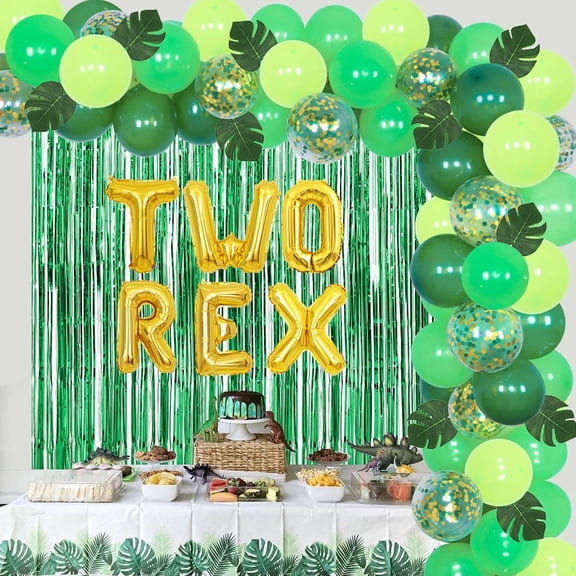 Dinosaur 2nd Birthday Decorations Set - 65 Pack Dinosaur Balloon Garland Kit, Two Rex Foil Balloon, Fringe Curtain for Boy Jungle Theme Second Birthday Party Supplies