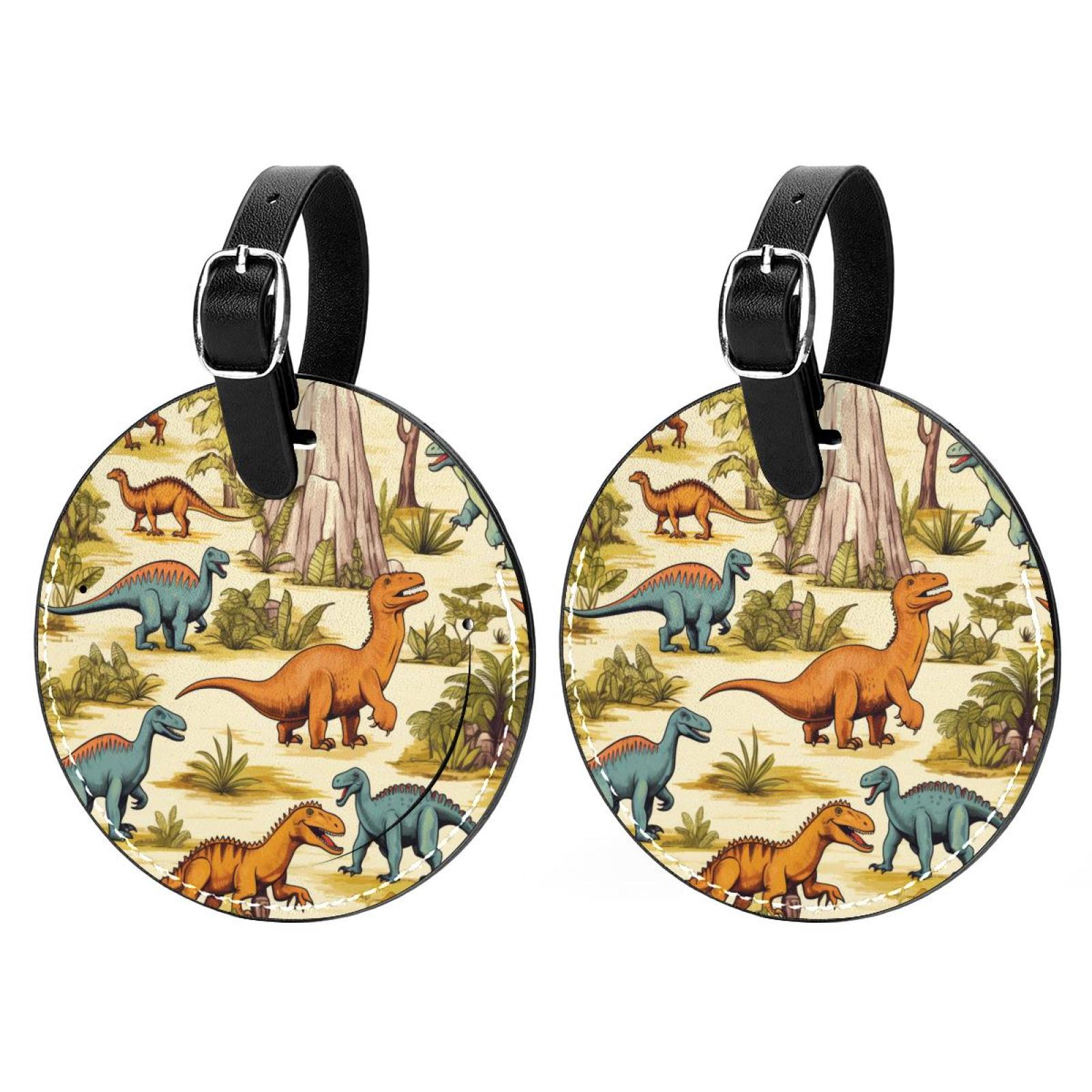 Dinosaur 2pcs PU Leather Round Bag Tags with Privacy Cover and Name ID ...