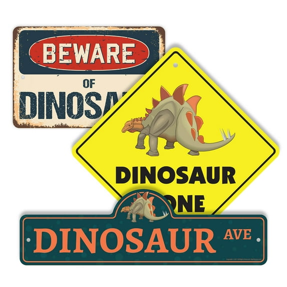Dinosaur (3 Pack) Plastic Street Sign Crossing Sign Warning Sign Vintage Rustic Beware Warning Xing Prehistoric Animal Fossil Jurassic T-Rex Kid Decor Science Fun Museum Roar