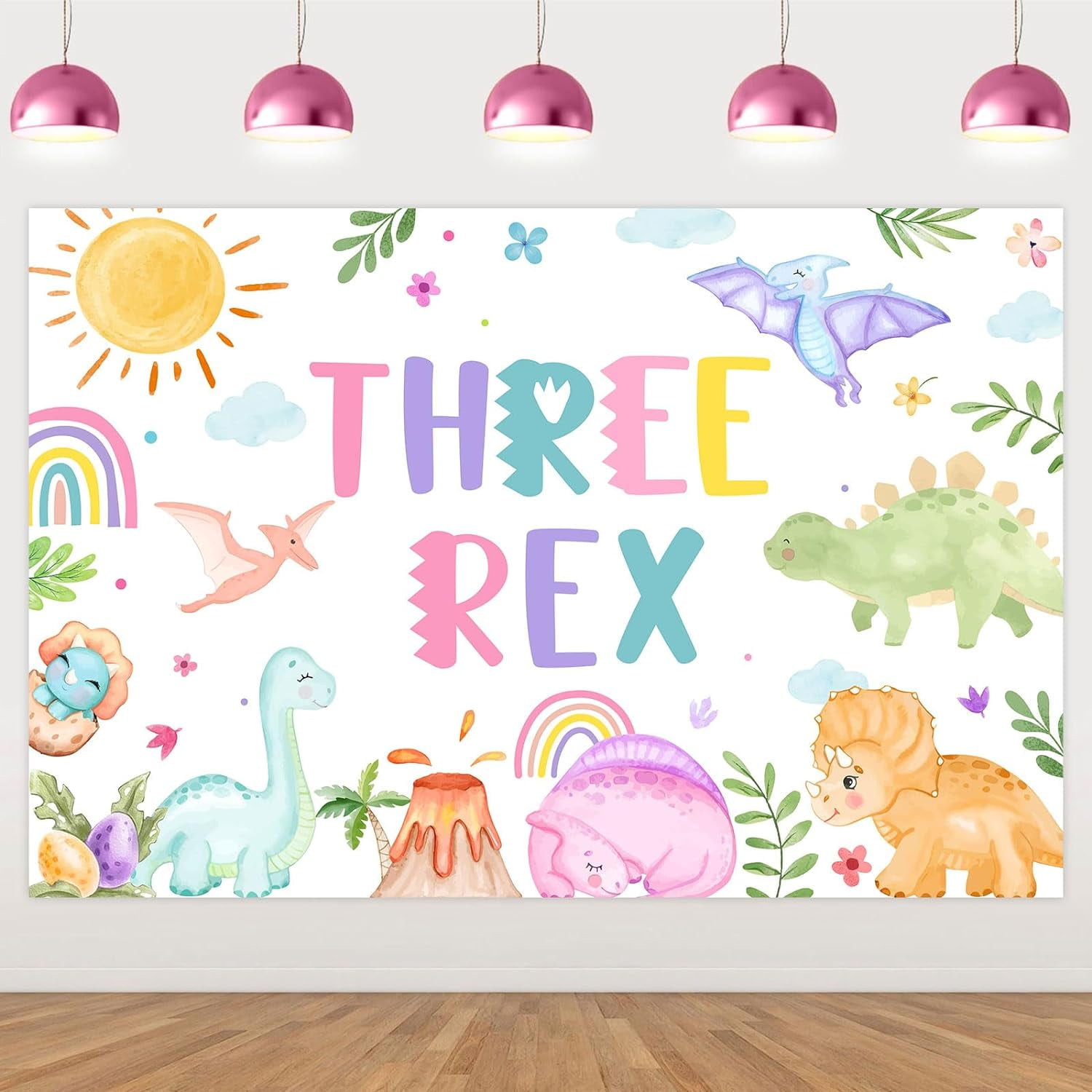 Three Rex Cute Dinosaurs Round Birthday Backdrop