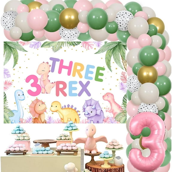 Dinosaur 3rd Birthday Decorations for Girl Pink Three Rex Birthday Party Decorations with Dinosaur Three Rex Birthday Backdrop Number 3 Foil Balloon for Dinosaur Theme 3 Year Old Girl