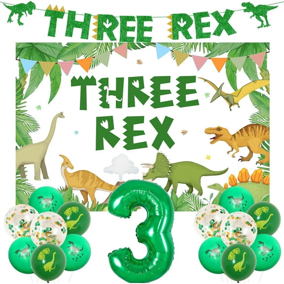 Dinosaur 3rd Birthday Decorations - Three Rex Birthday Backdrop and Glitter Banner, 3 Foil Number Balloon, Dinosaur Print Balloons for Boys Girls 3 Year Old Birthday Decorations Dinosaur