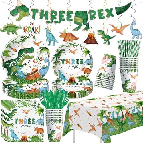 Dinosaur 3rd Birthday Party Supplies Decorations, Dino Theme Three Rex Birthday Decorations, Paper Plates, Cups, Napkins, Tablecloth, Disposable Cutlery, Swirls, Banner, Serves 24