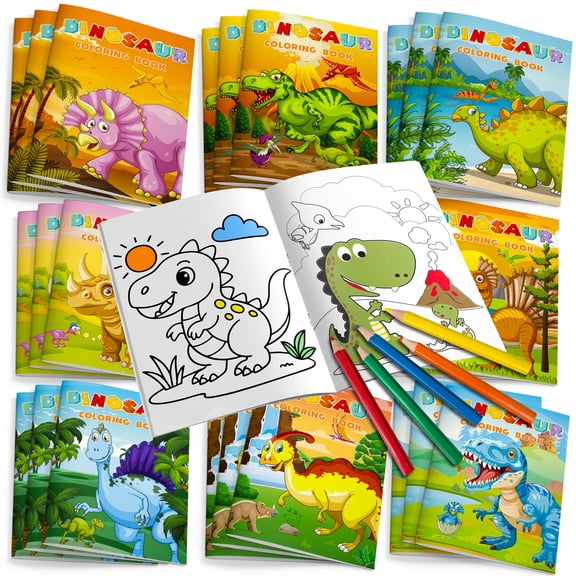 Dinosaur Activity Booklets Bulk, 24 Mini Dino Drawing Booklets with 12 Colored Pencils, Dinosaur Birthday Party Favor Supplies