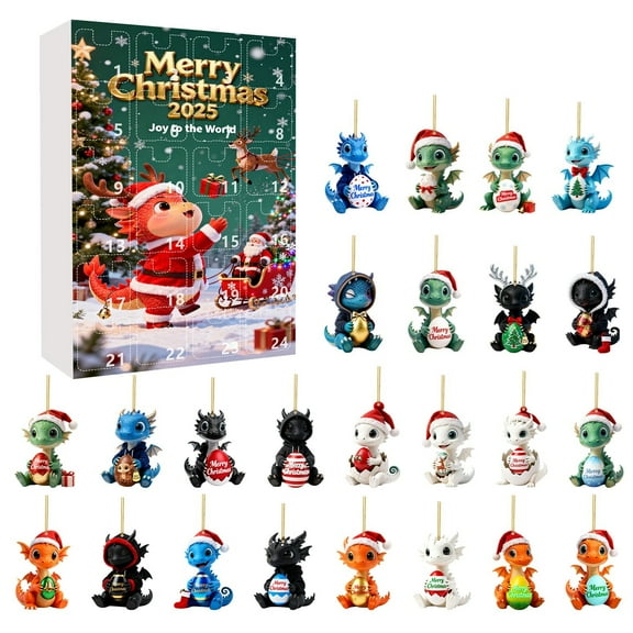 Dinosaur Advent Calendar 2025 Christmas Countdown with 24 Hanging Ornaments, Unique Dinosaur Figurines Pendant Calendars for Tree Wall Door Xmas Decor 2D Design