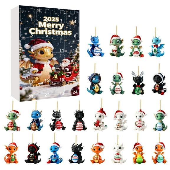 Dinosaur Advent Calendar 2025 Christmas Countdown with 24 Hanging Ornaments, Unique Dinosaur Figurines Pendant Calendars for Tree Wall Door Xmas Decor 2D Design