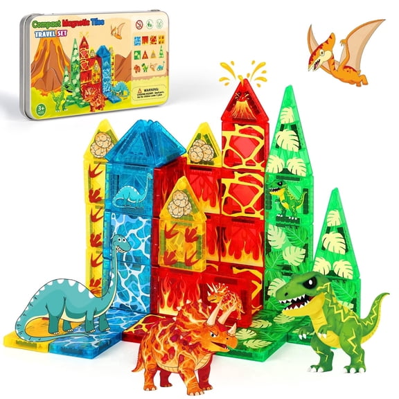 Dinosaur Adventure Magnetic Building Tiles, Vibrant Color Window Construction Set, STEM Learning Toys for Kids 3+, Interactive Dinosaur World Play Kit, Perfect Gift for Boys & Girls (40)