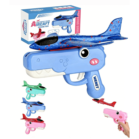 Dinosaur Airplane Launcher Toy, 8'' Foam Glider Catapult Plane, Outdoor Flying Aircraft with Easy Launch, Long Distance Fun Toy for Kids Birthday Gift, Party Favors, Blue