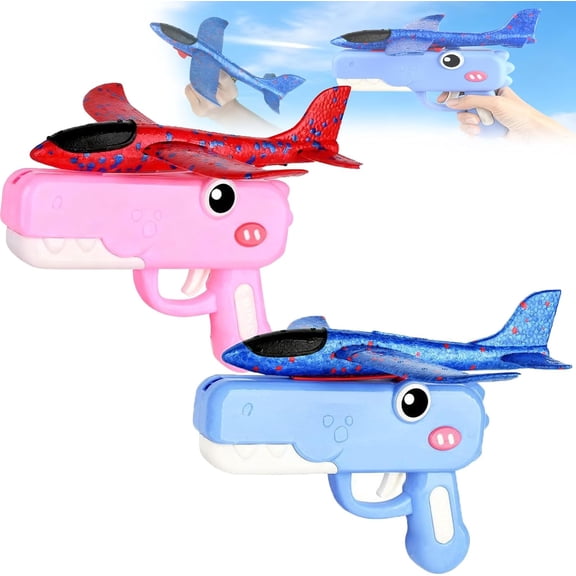 Dinosaur Airplane Launcher Toy for Kids, Airplane Launcher Toys, Dinosaur Air Launcher with Foam Glider, Dual Flight Modes, Indoor/Outdoor Flying (Blue+Pink)