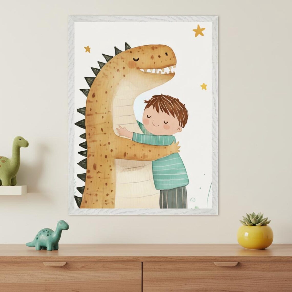 Dinosaur And Boy Wall Art Friendly Dino Nursery Decor Whimsical Child Unframed Paper Poster 24x36in