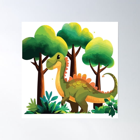 Dinosaur And Forest Trees Poster Wall Art, Modern Wall Decor, 16x16 UNFRAMED