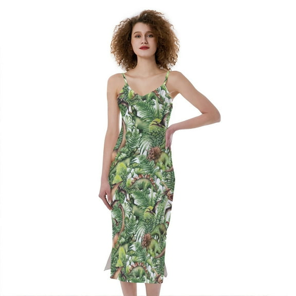 Dinosaur And Prehistoric Plants Print Slim Fit Midi Cami Dress, Dinosaur Fashion Summer Maxi Sexy Casual Dress For Women
