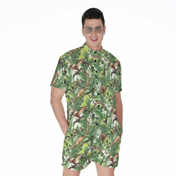 Dinosaur And Prehistoric Plants Short Sleeve Men'S Rompers, Dinosaur Casual Summer Jumpsuits Outfit