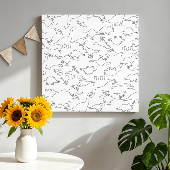 Dinosaur Animal Canvas Wall Art, Abstract Dinosaur Sketching Side Cartoon Framed Canvas Wall Decor Picture Print Artwork Decorations for Living Room Office Ready to Hang 8" x 8"
