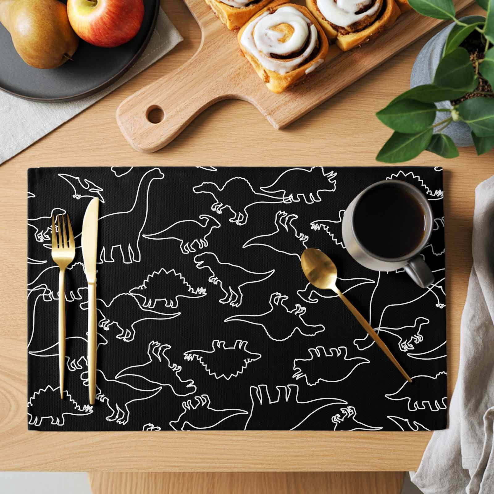 Dinosaur Animal Placemats Set of 12, Abstract Black Dinosaur Sketching ...