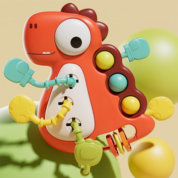 Dinosaur Animal Sensory Pull String Toy, Fine Motor Skill Activity for Toddlers, Textured Cords with Vibration, Safe Plastic and Silicone Material