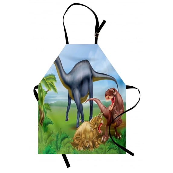 Dinosaur Apron Different Types of Dinosaurs Natural Jungle Environment T-Rex Triceratops Cartoon, Unisex Kitchen Bib Apron with Adjustable Neck for Cooking Baking Gardening, Multicolor, by Ambesonne