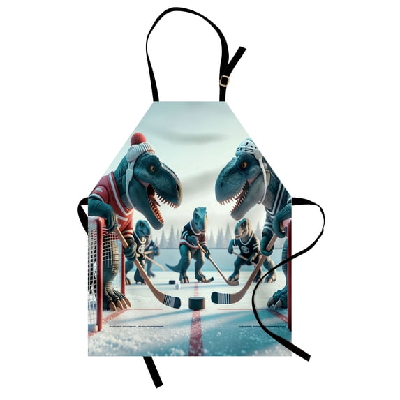Dinosaur Apron, Humorous T-Rex Characters Playing Ice Hockey Hobby Sports Themed Print, Unisex Kitchen Bib with Adjustable Neck for Cooking Gardening, Adult Size, Petrol Blue Pale Ruby, by Ambesonne