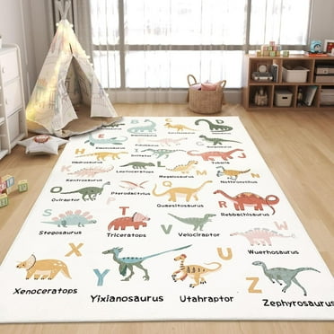 Dinosaur Area Rug - Soft, Washable, Non-Slip, ABC Animal Alphabet Playroom Carpet Mat For Kids, Bedroom, Nursery, Educational Decor-4x5ft
