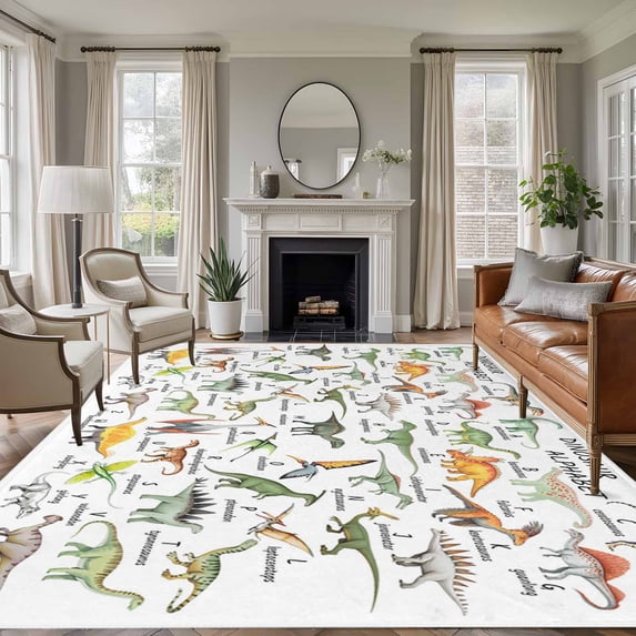 Dinosaur Area Rugs 8'x10', Washable Small Throw Rugs for Living Room Patio, Funny Dino Cute Cartoon Boys Girls Children Indoor Outdoor Rug Non-Slip Low Pile Carpet Runner Reversible Floor Mats