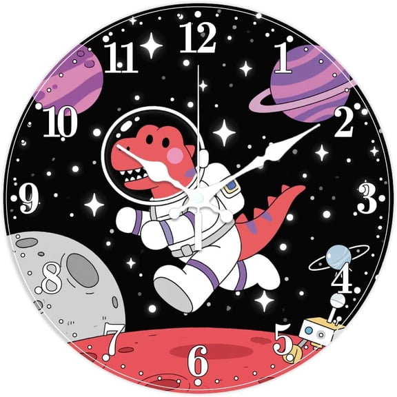 Dinosaur Astronaut Pattern Wall Clock Planet Non-Ticking Clock 12 Inch Round Decorative Clocks Printed Wall Clocks