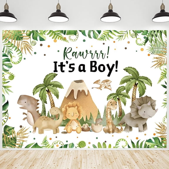 Dinosaur Baby Shower Backdrop Roar Its a Boy Green Palm Trees Leaves Background Photography for Newborn Baby Boy Birthday Party Decorations Banner Supplies Photo Booth Props