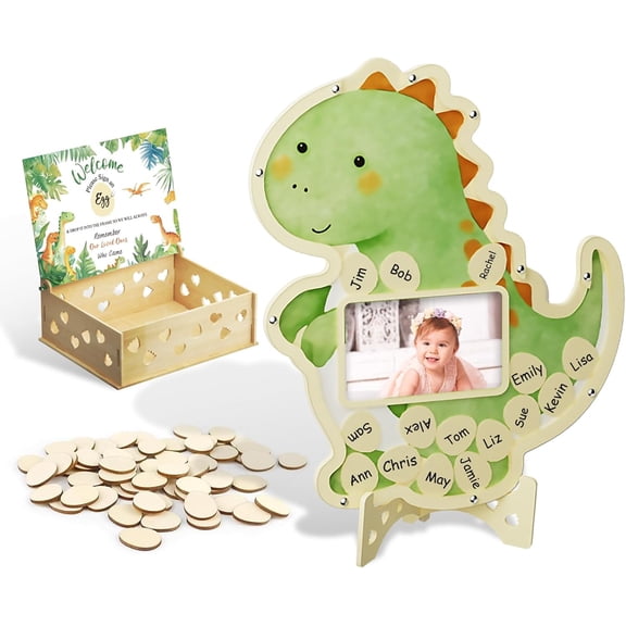 Dinosaur Baby Shower Decorations - 104Pcs Wooden Baby Shower Guest Book Alternative Set Dino Theme with oto Frame Storage Box
