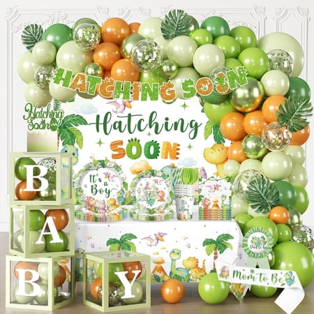 Dinosaur Baby Shower Decorations, All-in-One Set for 25 Guests | Easy setup, includes tableware, backdrop, banner, balloons, and more for a dinosaur baby boy shower