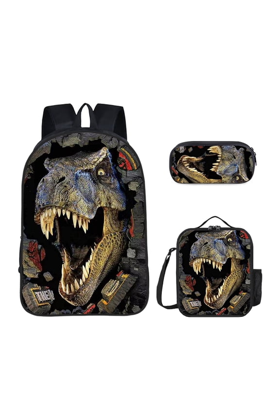 Dinosaur Backpack with Insulated Lunch Bag and Pencil Case, 3 in 1 Backpack Set, Laptop Backpack, Nylon Material, 17 Inch