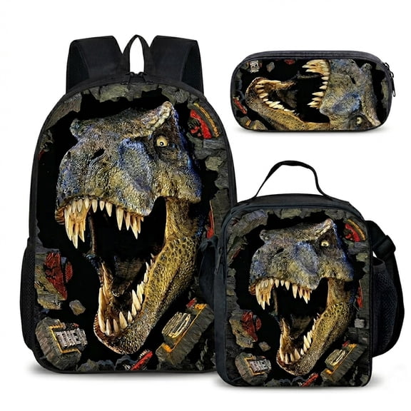 Dinosaur Backpack with Insulated Lunch Bag and Pencil Case, 3 in 1 Backpack Set, Laptop Backpack, Nylon Material, 17 Inch