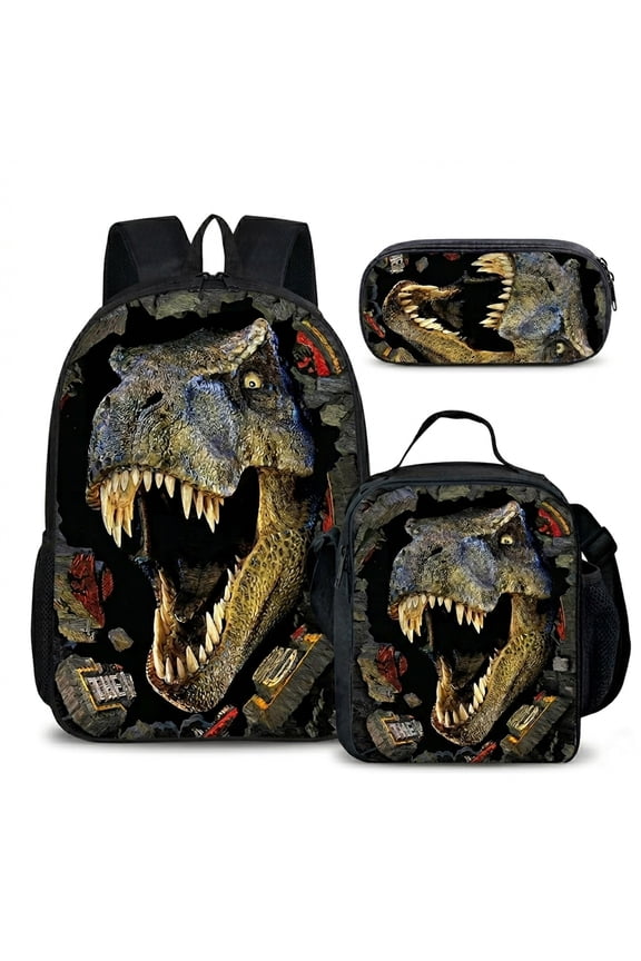 Dinosaur Backpack with Insulated Lunch Bag and Pencil Case, 3 in 1 Backpack Set, Laptop Backpack, Nylon Material, 17 Inch