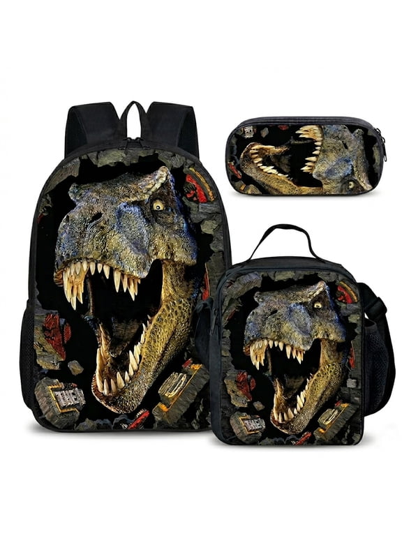Dinosaur Backpack with Insulated Lunch Bag and Pencil Case, 3 in 1 Backpack Set, Laptop Backpack, Nylon Material, 17 Inch