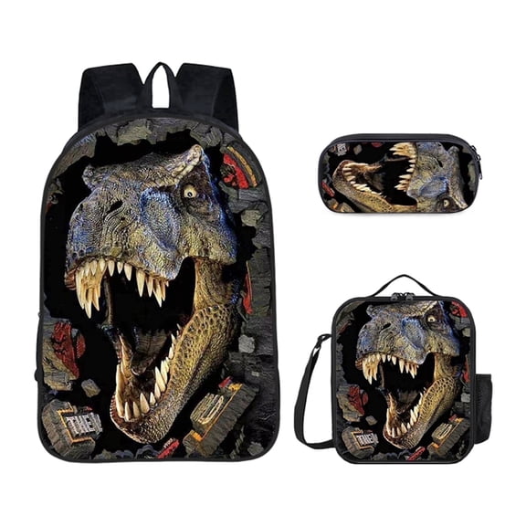 Dinosaur Backpack with Insulated Lunch Bag and Pencil Case, 3 in 1 Backpack Set, Laptop Backpack, Nylon Material, 17 Inch