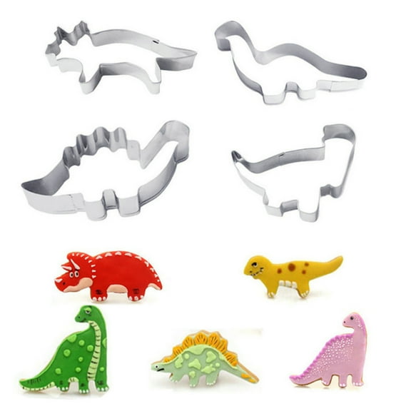 Dinosaur Baking Molds 4 Pcs Set, QQZ Stainless Steel DIY Cookie Cutters Kitchen Tools, Reusable Dinosaur Shape Pastry Molds for Cake Decorating